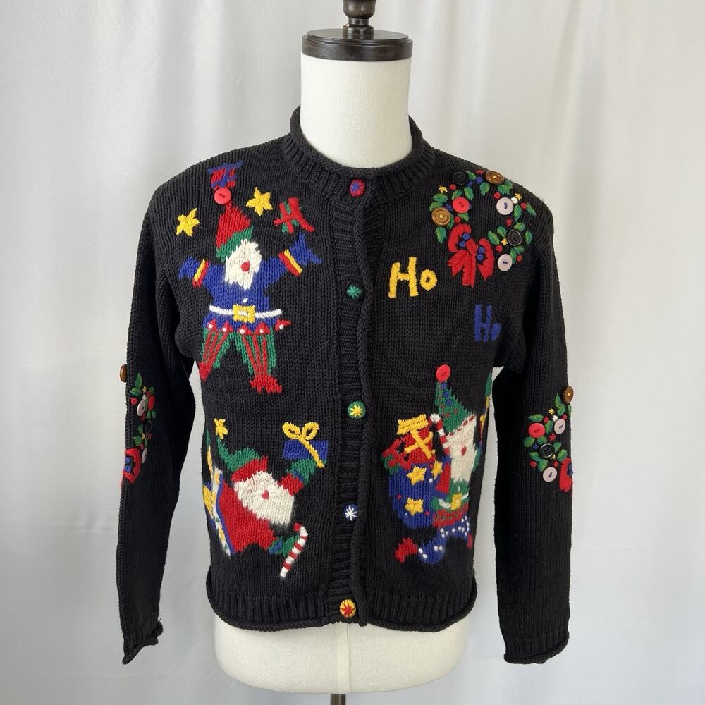 Vintage thyme Christmas Cardigan Embroidered Black Button Down Sweater Size Med
